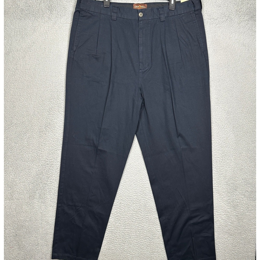 NEW Oak Hill Premium Pants Mens 42X34 Navy Blue Pleated Waist-Relaxer Chinos